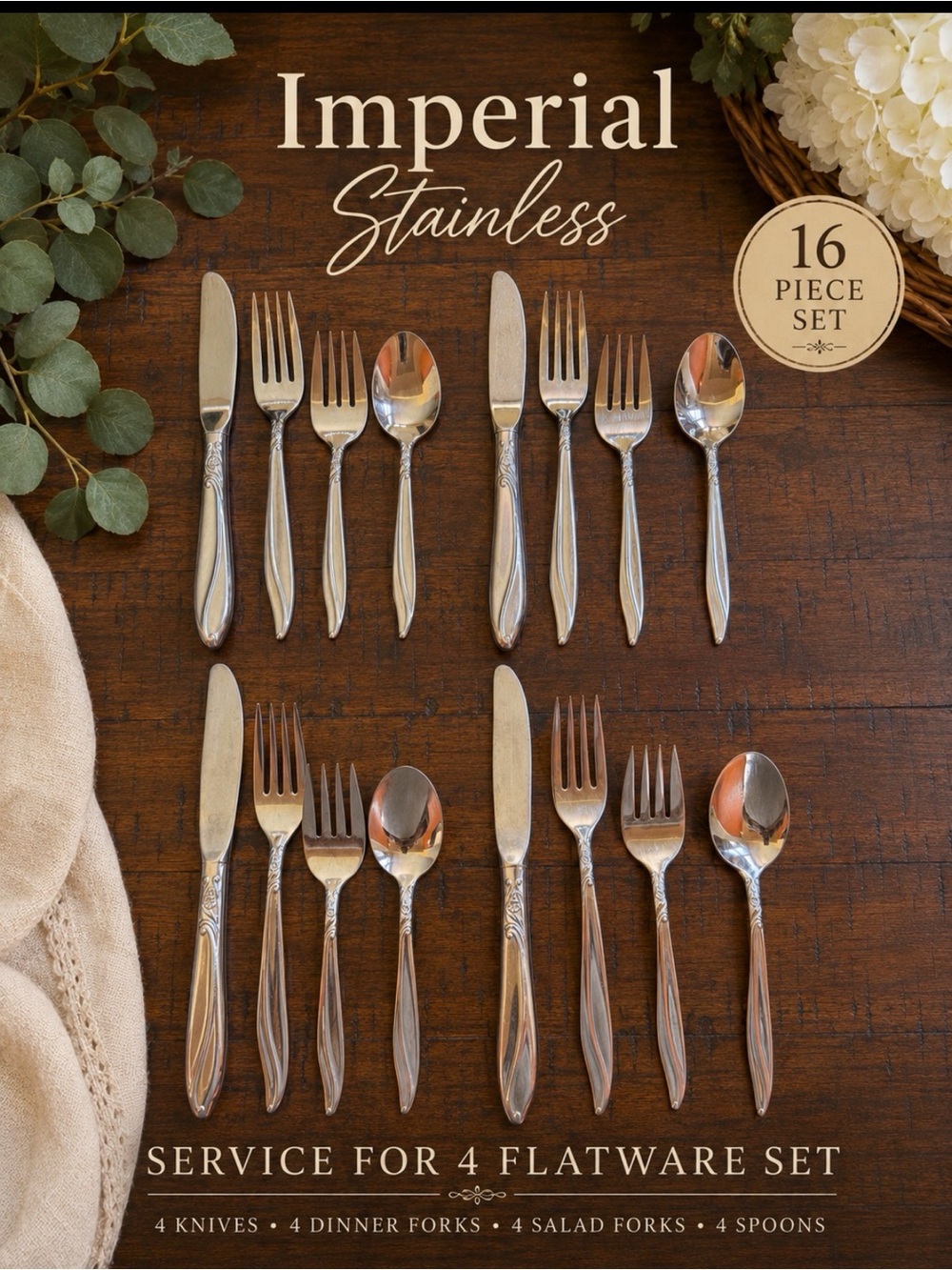 Vintage 1960s Imperial USA IMI18 Stainless Flatware – 16 Pc Service for 4